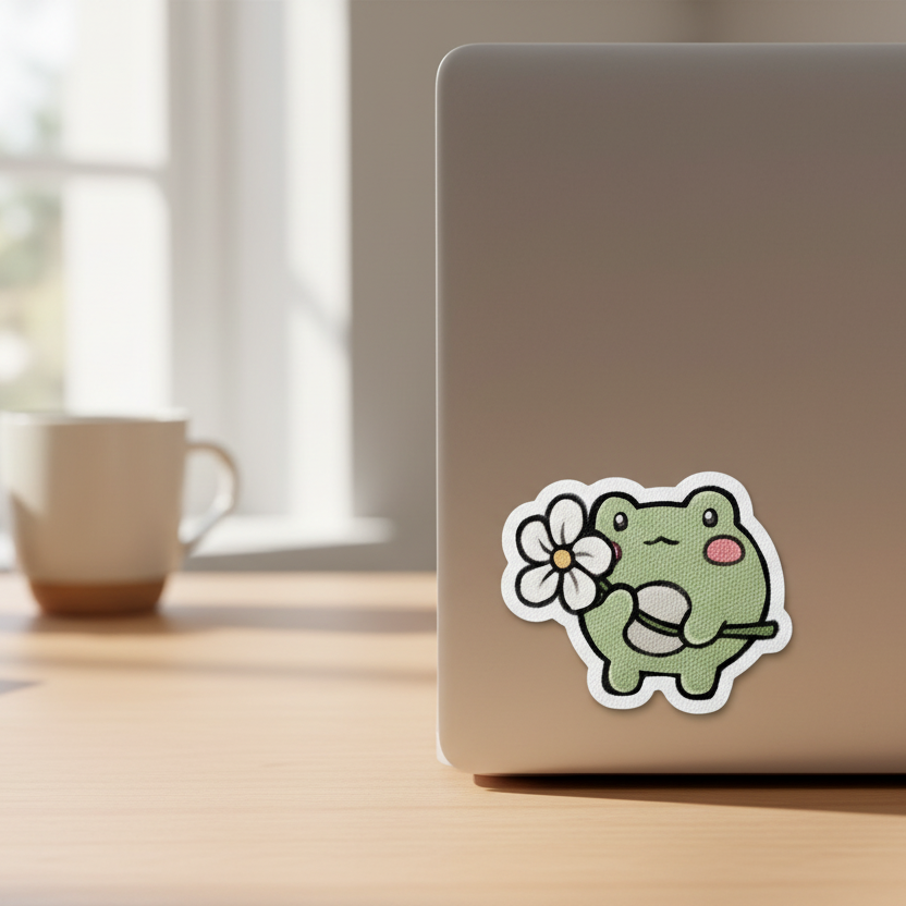 Cute green frog sensory textured sticker holding a white flower on a white background