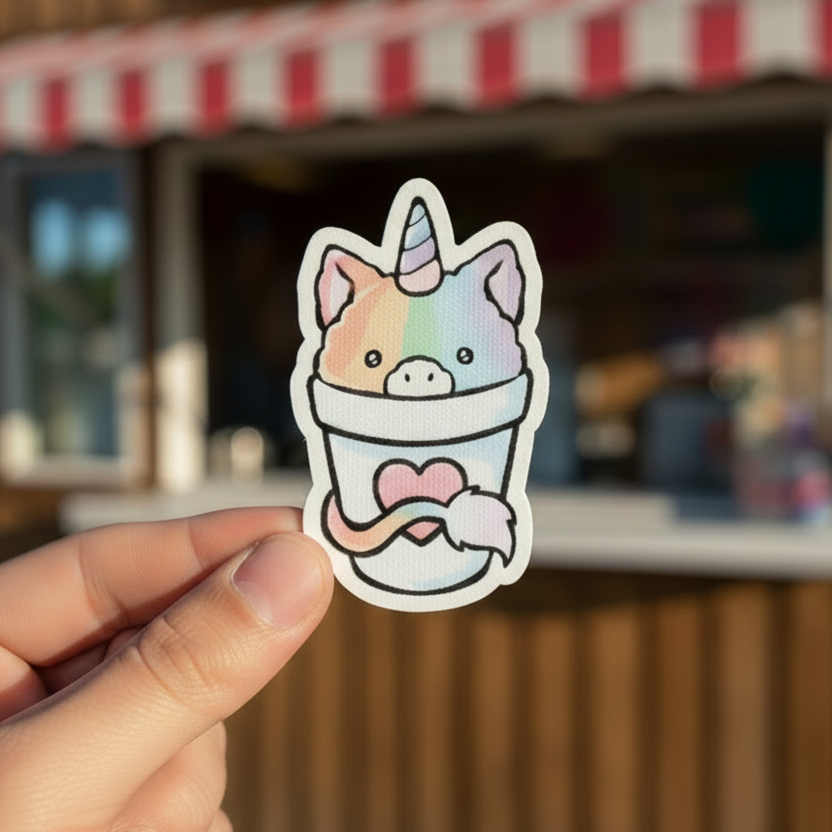 Sticker of a cartoon snow cone with unicorn horn and rainbow elements on a white background