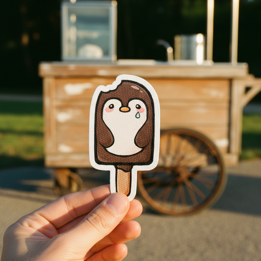 Polar bear ice cream patch with a brown shell on a white background