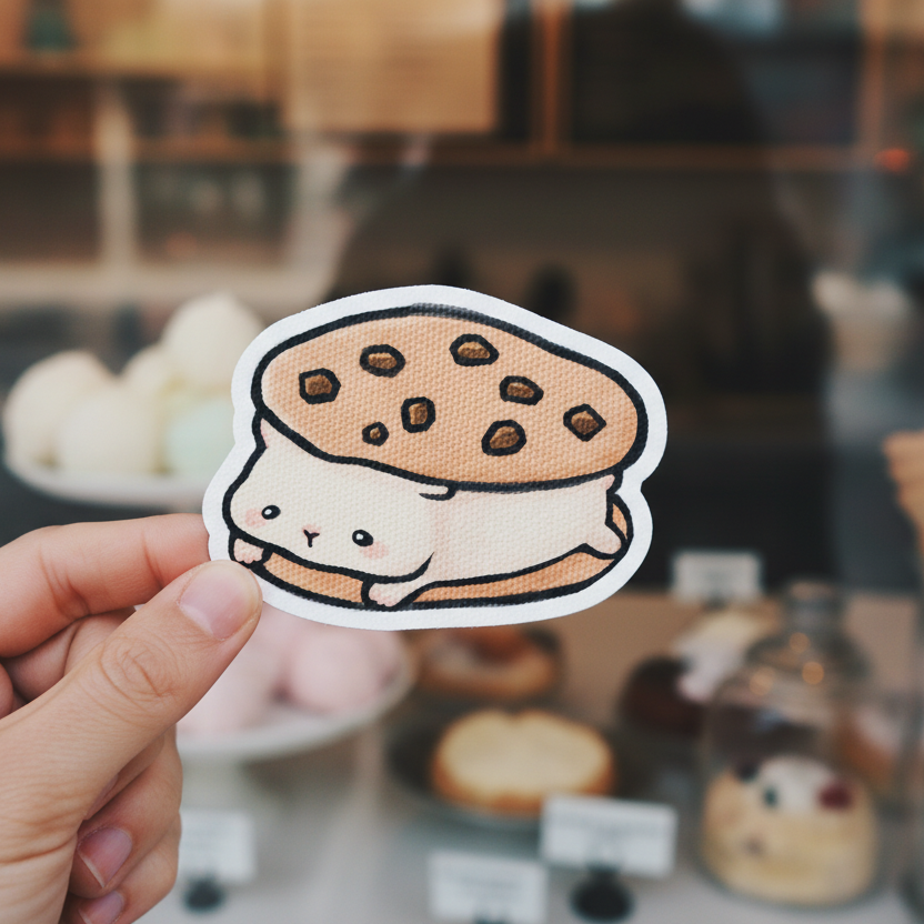 Sticker of a cat inside a cookie with a white background