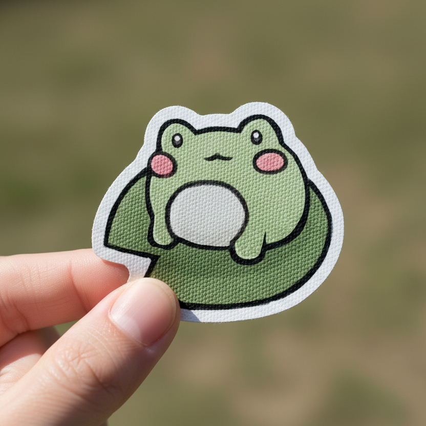 Cartoon frog character with pink cheeks on a white background