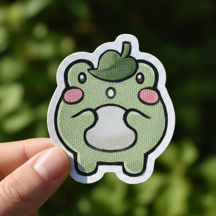 Cartoon frog character with a leaf on its head on a white background