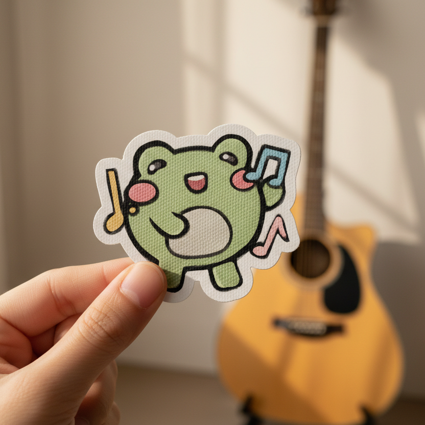 Cartoon character with a green body, pink cheeks, and holding a music note on a white background