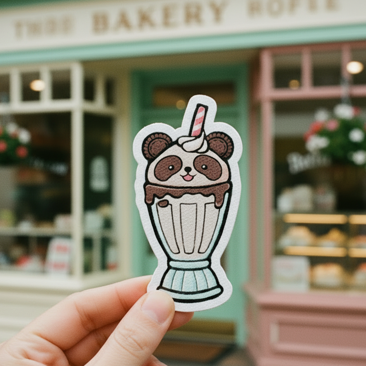 Cartoon panda in a milkshake with a straw on a white background