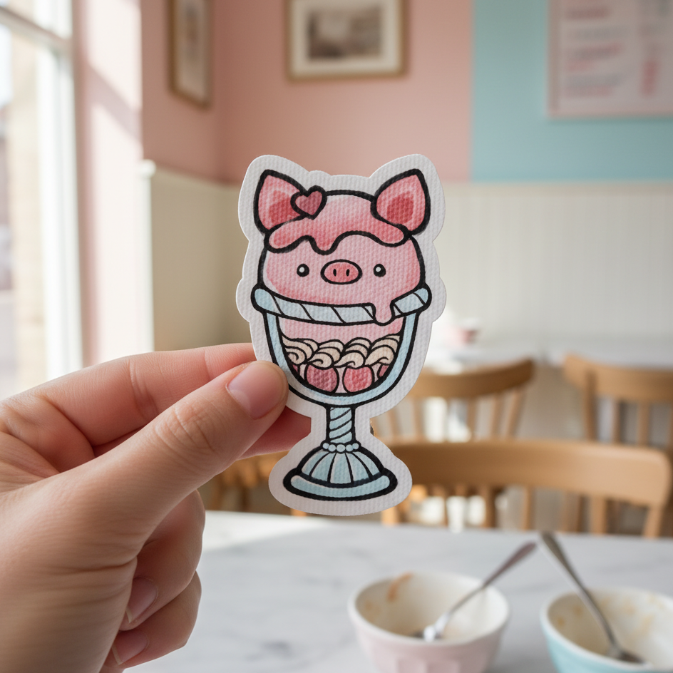Cartoon pig character with ice cream cone on a white background
