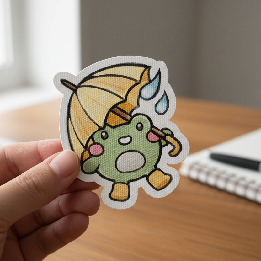 Cartoon character with a green body, yellow hat, and pink cheeks holding an umbrella on a white background