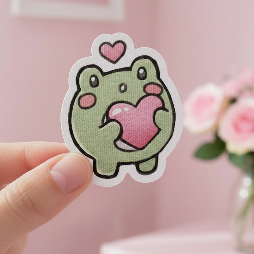 Cartoon frog textured calm strips sticker holding a pink heart with a smaller pink heart above on a white background