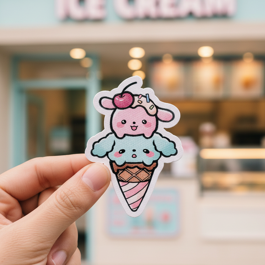 Cute cartoon character in an ice cream cone with a cherry on top on a white background
