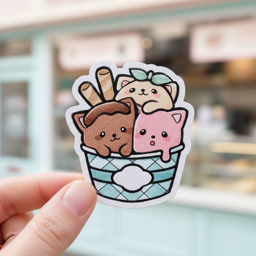 Sticker with cute cartoon cats in a basket on a white background